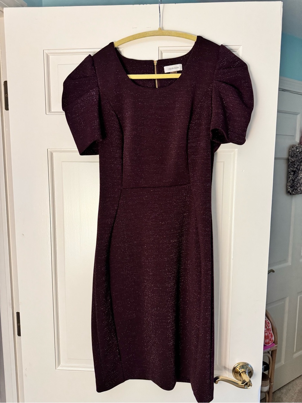 Calvin Klein Plum Sparkle Puff-Sleeve Midi Dress